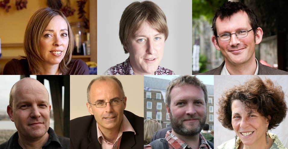Frome's Independence Day speakers (clockwise from top left):  Joanna Blythman, John Harris, Rob Hopkins, Elisabeth Winkler, Gus Hoyt, Neal Lawson, Andrew Simms